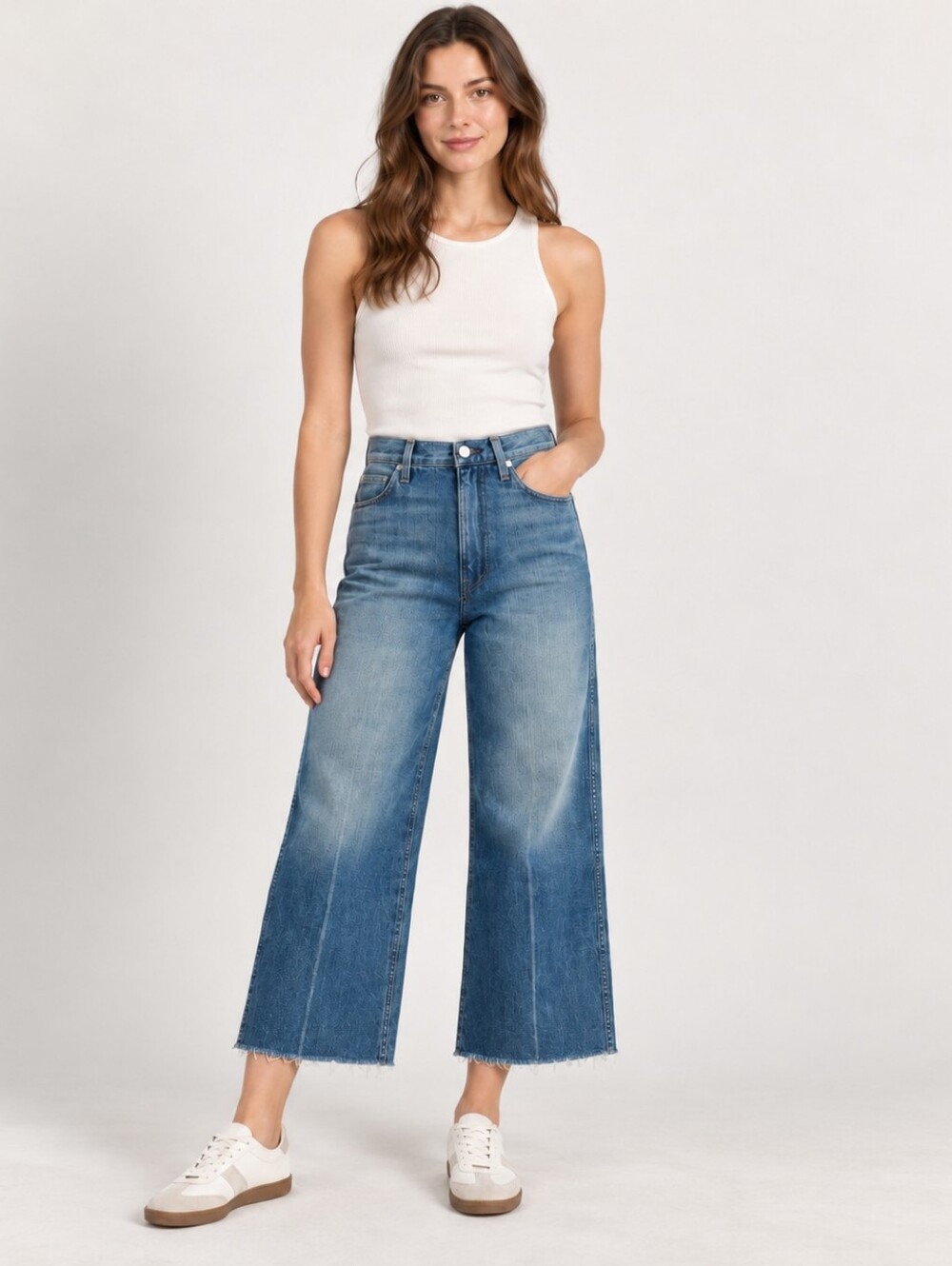 AMO Ava Crop Jeans Size 26 Indigo Wide Leg High Rise Raw Hem Denim